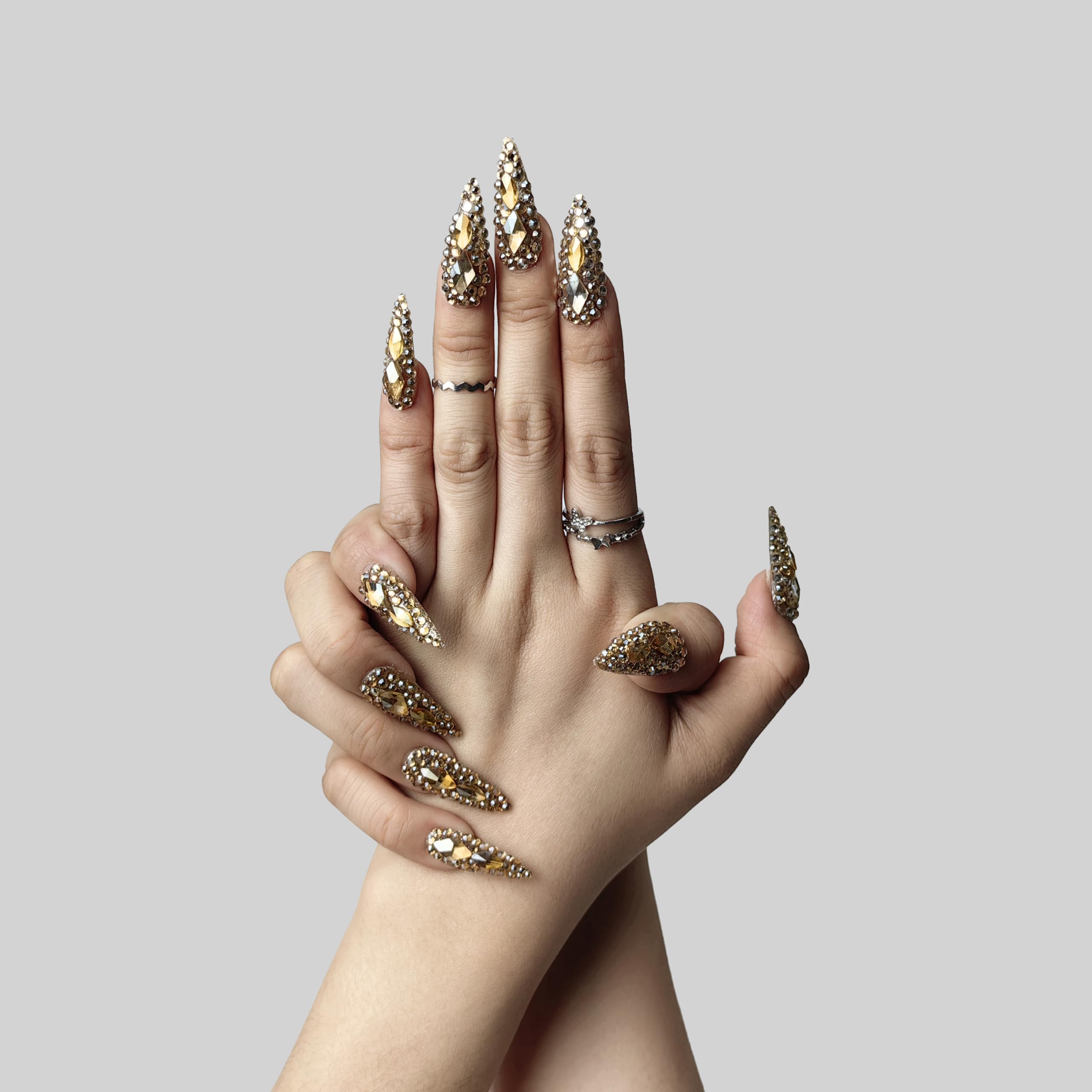 GGddsha Full Diamond Medium Almond Press On NailsReusable PMMA Acrylic Handmade Nails Full Deluxe 3DCrystal Fake Nails W Box Gift For Women,Crown Jewel