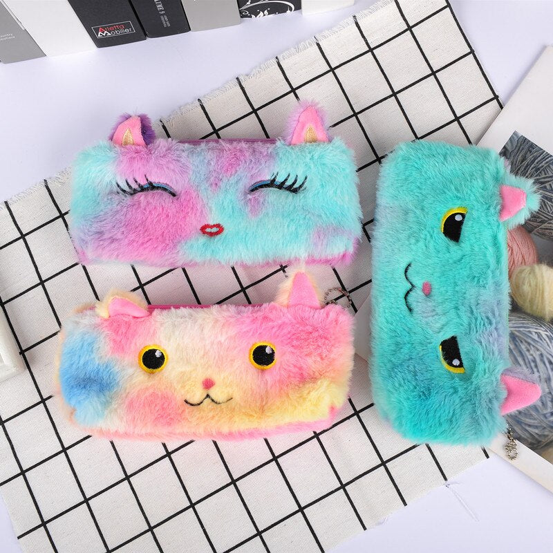 Laser Color Cat Plush Pencil Case Student Stationery Bag