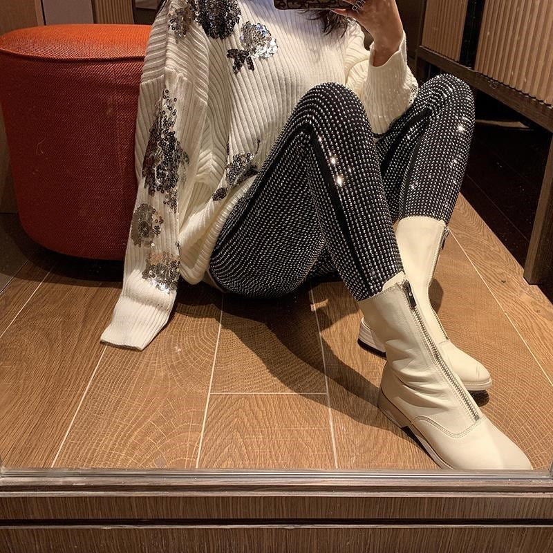 Heavy-Duty Hot Rhinestones Sparkling Slim Leggings
