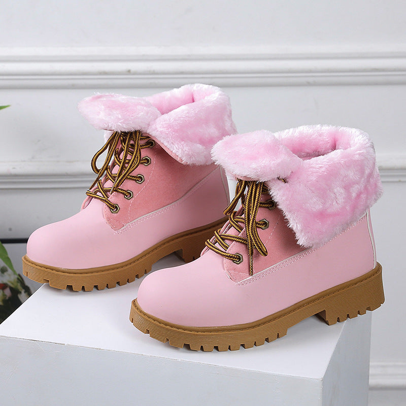 European and American Round Toe Lace Low Heel Snow Boots
