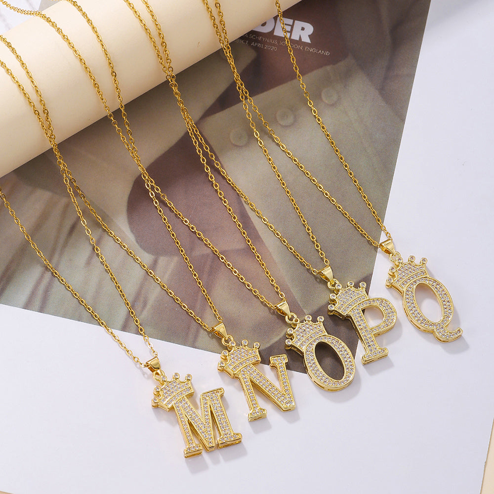 1PCS Fashionable Gold Diamond Crown Uppercase Letter Popular Pendant Necklace, Suitable For Daily Use, Festivals, Parties, Gifts Jewelry Set