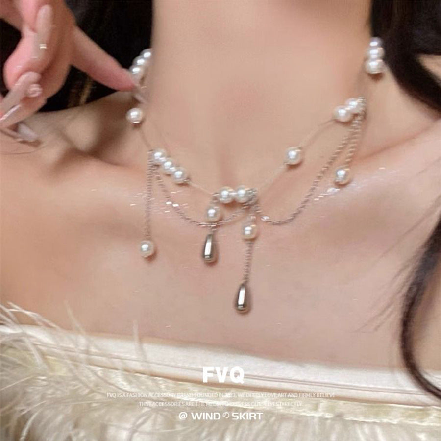 New Rhinestone Pearl Tassel Double-Layer Necklace