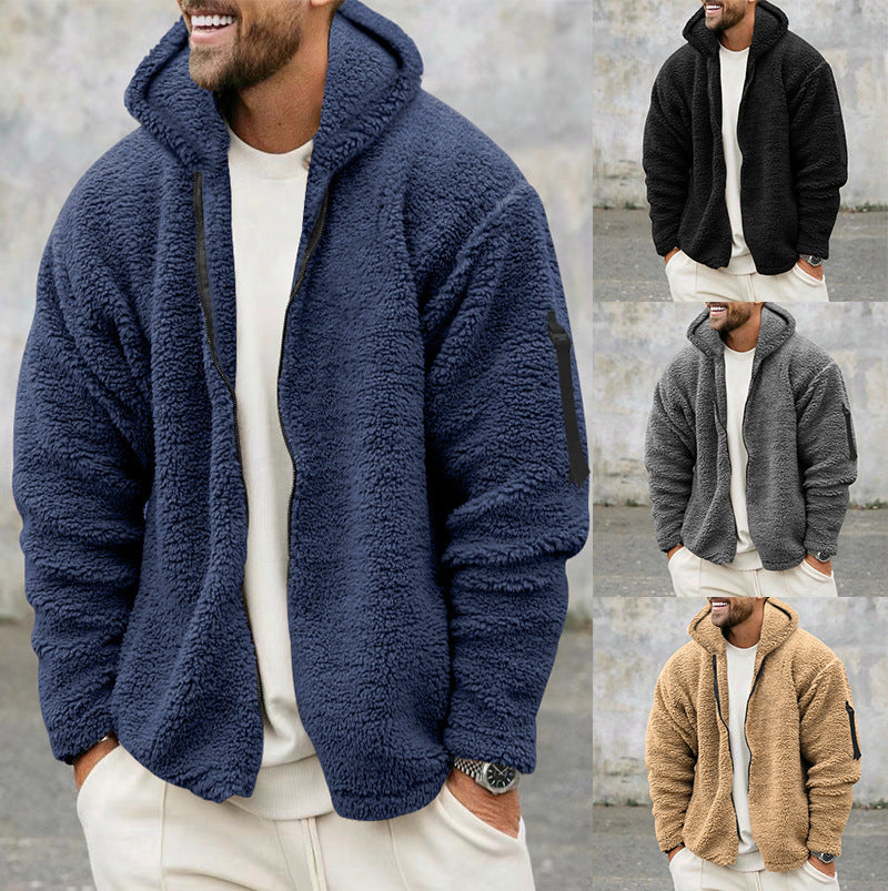 Plush Hooded Jacket Men's Autumn And Winter Fleece Double-Sided Wear Warm Coat With Zipper Loose Casual Jacket Outdoor Clothing