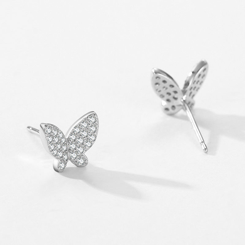 S925 Sterling Silver Butterfly Shiny Diamond-Encrusted Stud Earrings