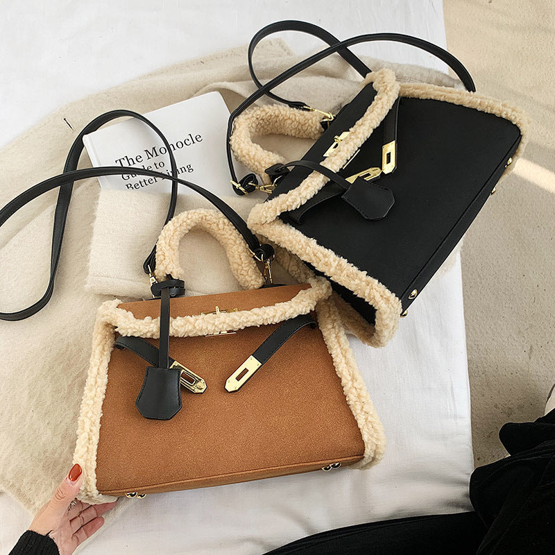 High-End Portable Temperament Platinum Bag Lamb Hair Messenger Bag
