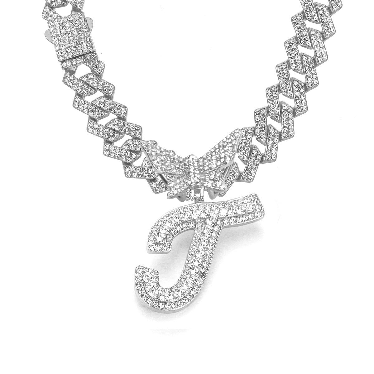 English Letter Alloy Rhinestone Pendant Necklace Butterfly