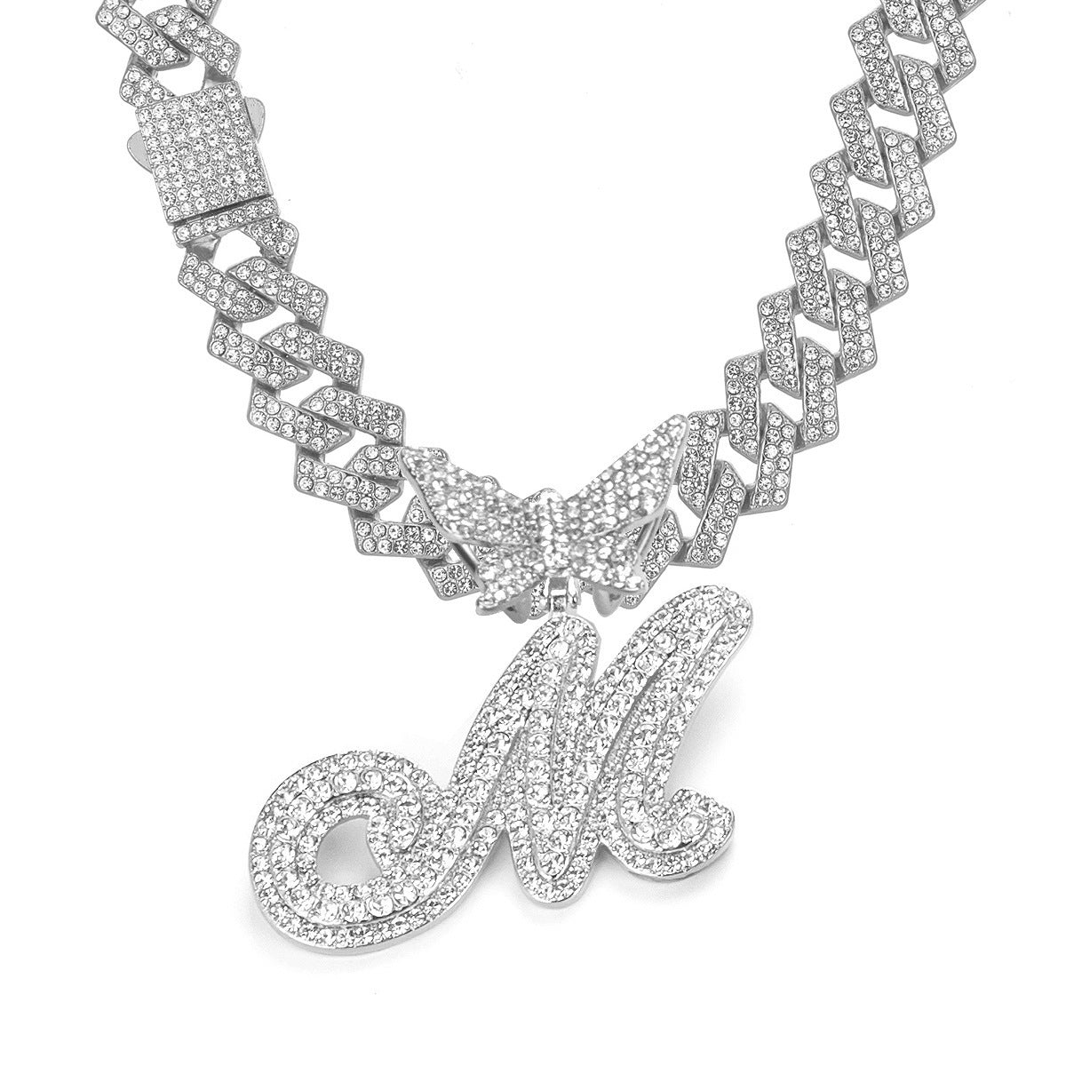 English Letter Alloy Rhinestone Pendant Necklace Butterfly
