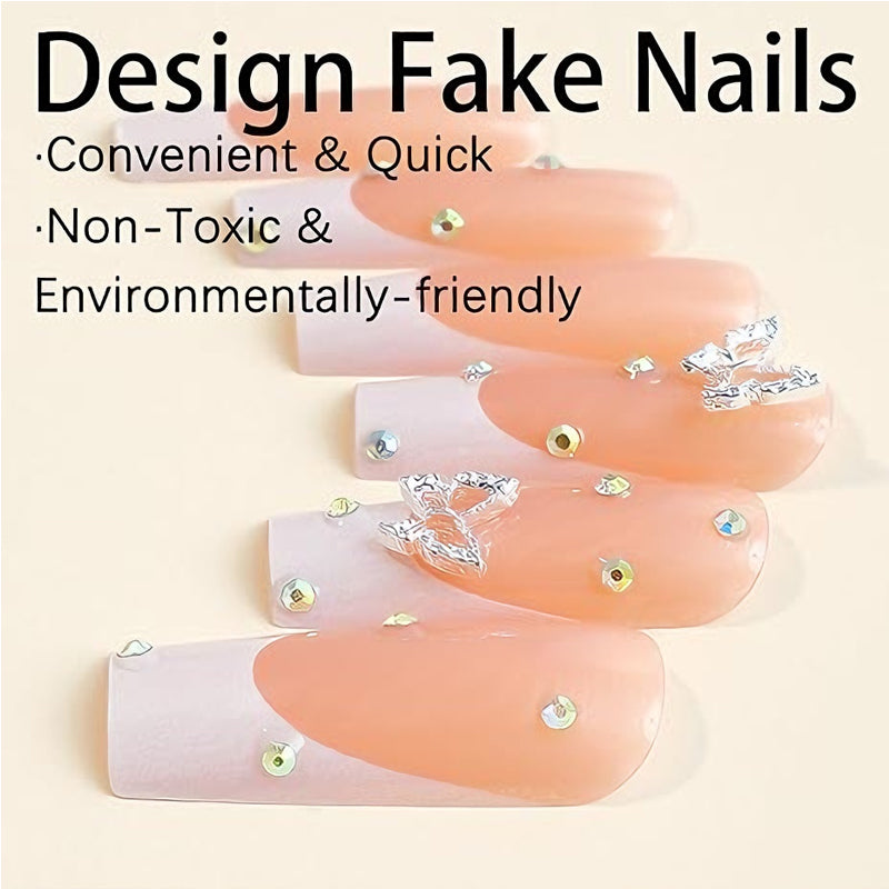 24 PCS Diamond Butterfly Nail Art, Long Length Long Water Pipe Fake Nails,Square Head Nail Tips False Nail