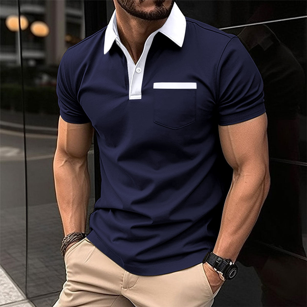 Lapel Fashion Slim Pocket Short-Sleeved T-Shirt Polo Shirt Men Clothing