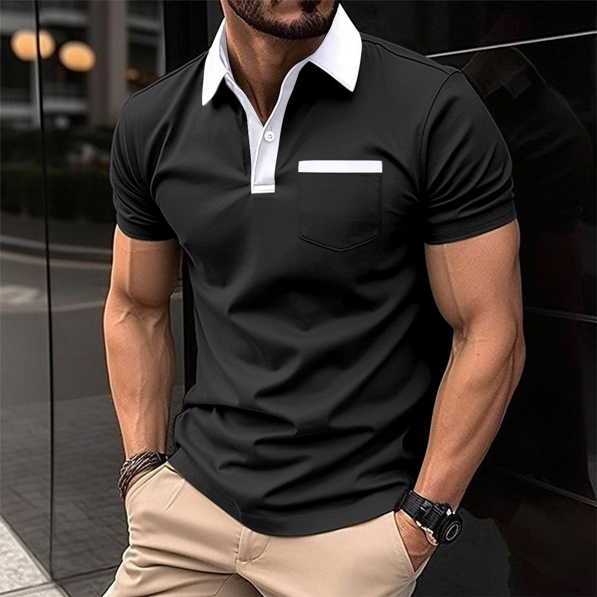 Lapel Fashion Slim Pocket Short-Sleeved T-Shirt Polo Shirt Men Clothing