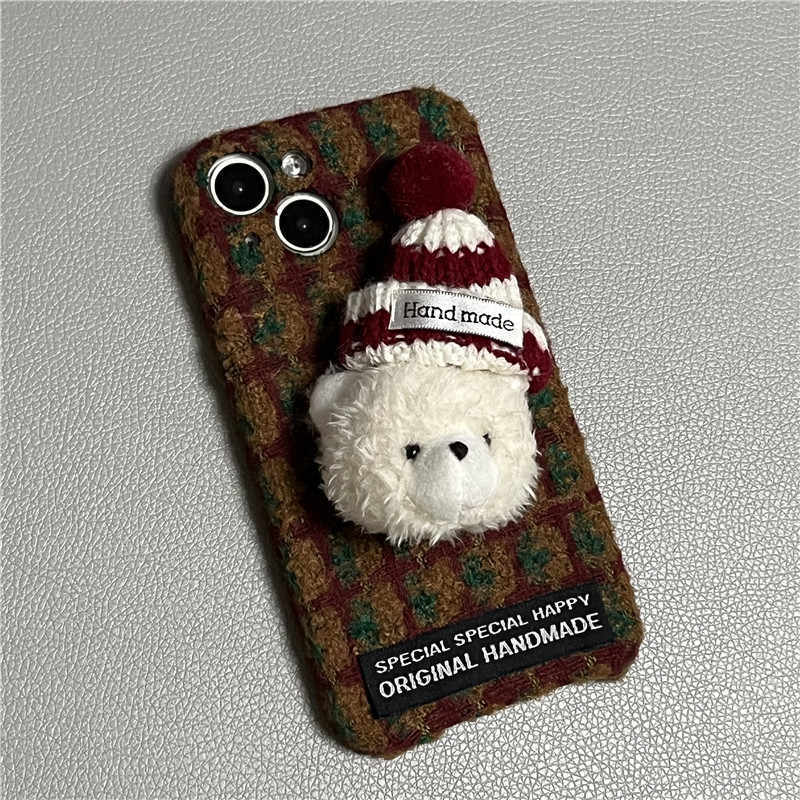 Autumn Winter Red Plush Plaid Hat Bear Drop-resistant Protection Mobile Phone Shell