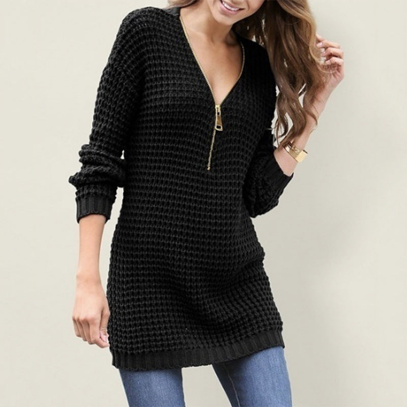 Zip V-Neck Sweater Dress
