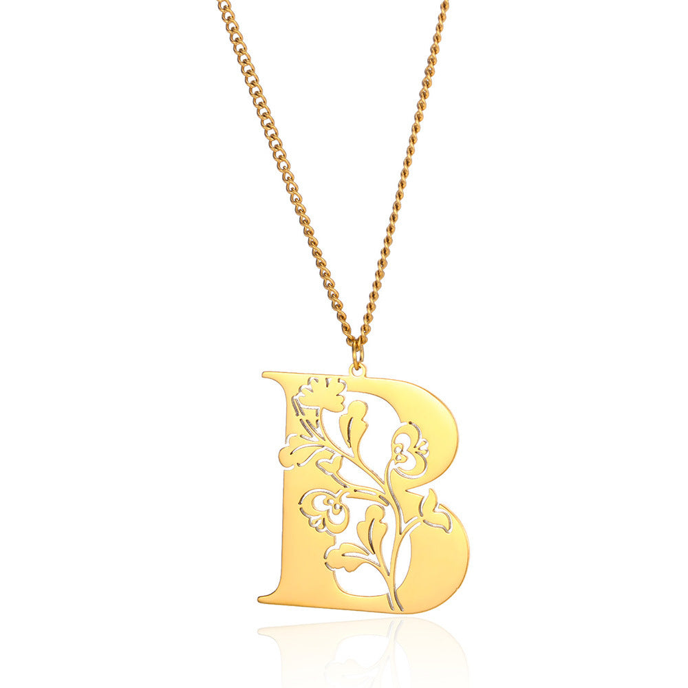 Stainless Steel 26 English Flower Letter Necklace