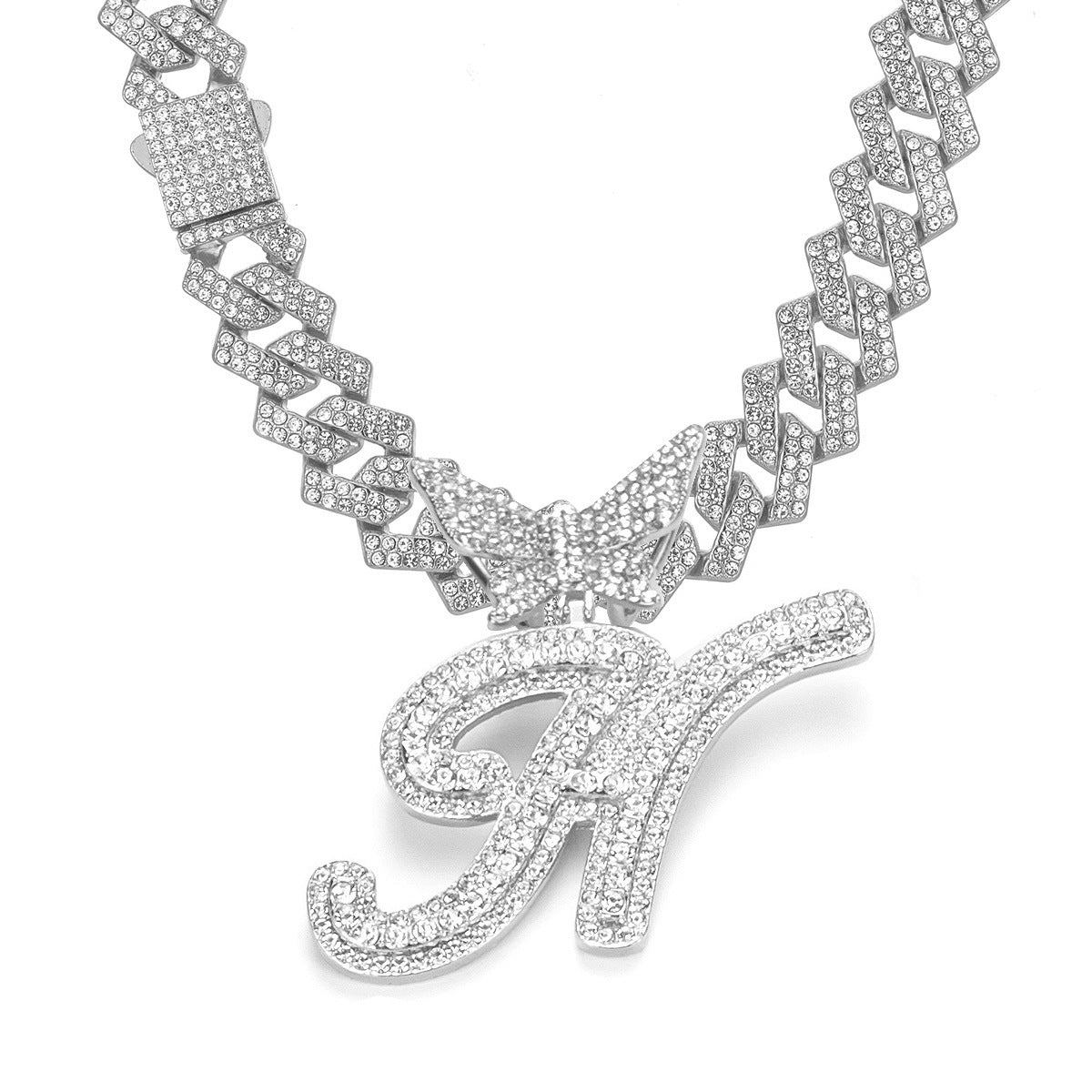 English Letter Alloy Rhinestone Pendant Necklace Butterfly
