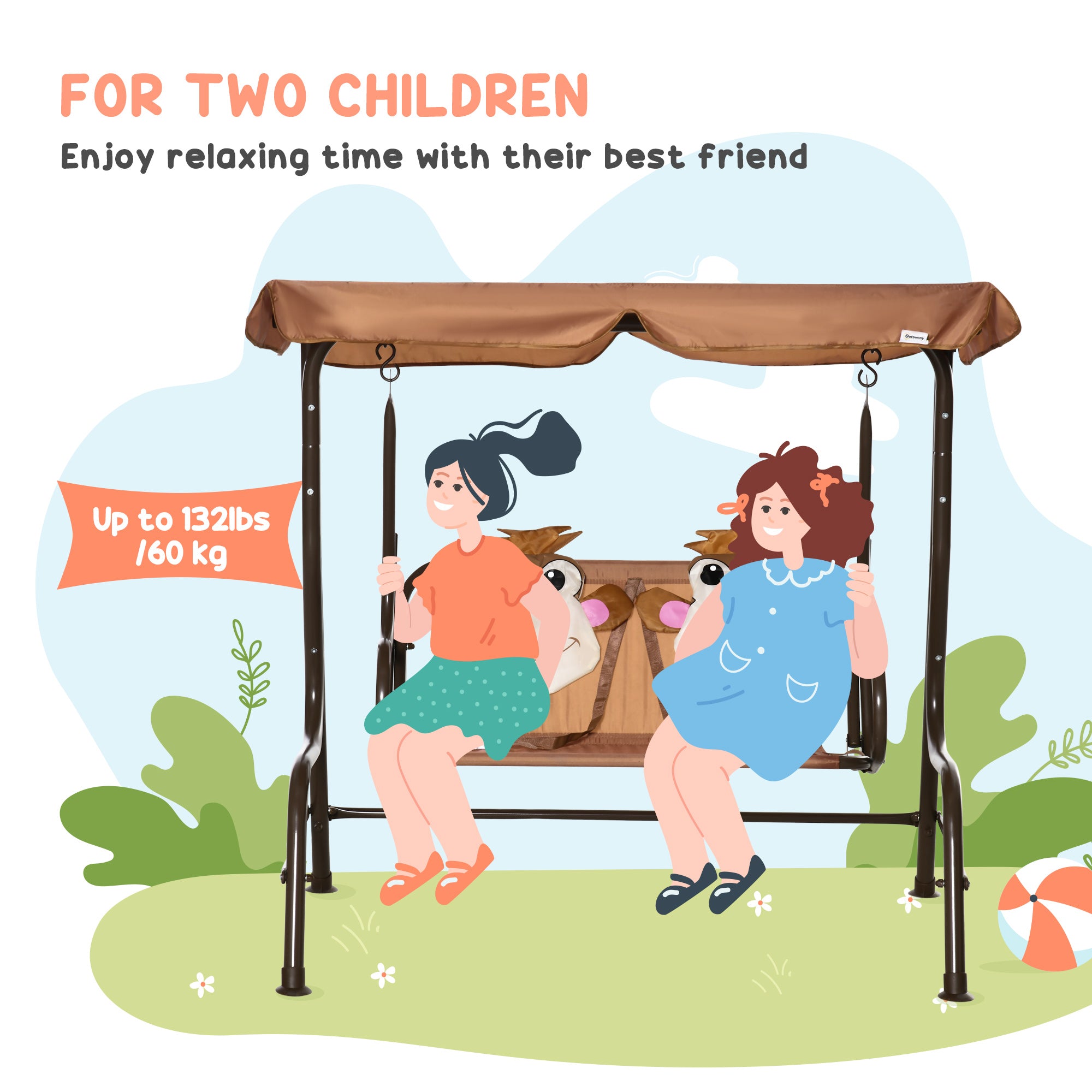2 Seater Kids Garden Swing Seat, Children Outdoor Patio Lounge Chair For Gardens W/ Adjustable Awning, Seatbelt, Monkey Pattern - Brown