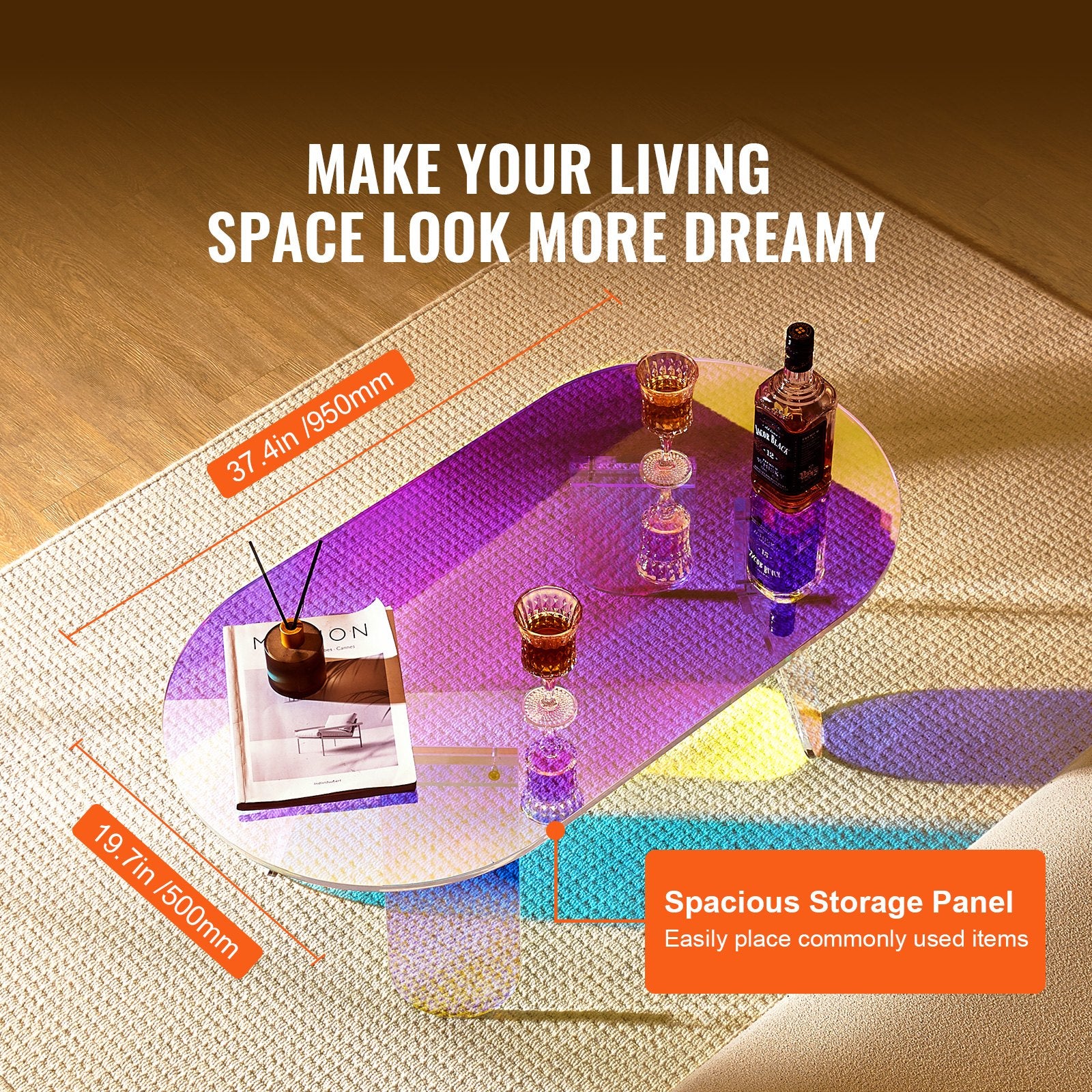 Acrylic Coffee Table, Iridescent Acrylic End Table, 13.8 Inch High Colorful Acrylic Side Table, For Coffee, Drink, Food, Snack Used In Living Room, Courtyard, Terrace