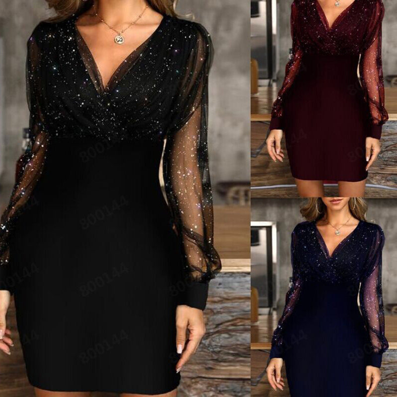 Women's Autumn Long-Sleeved Stitching V-Neck Mesh Dress