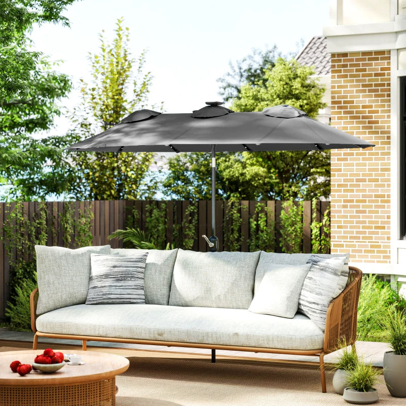 Double-sided Patio Umbrella, 9.7' Outdoor Umbrella With Tilt And Crank, LED Solar Light And 12 Ribs, Gray