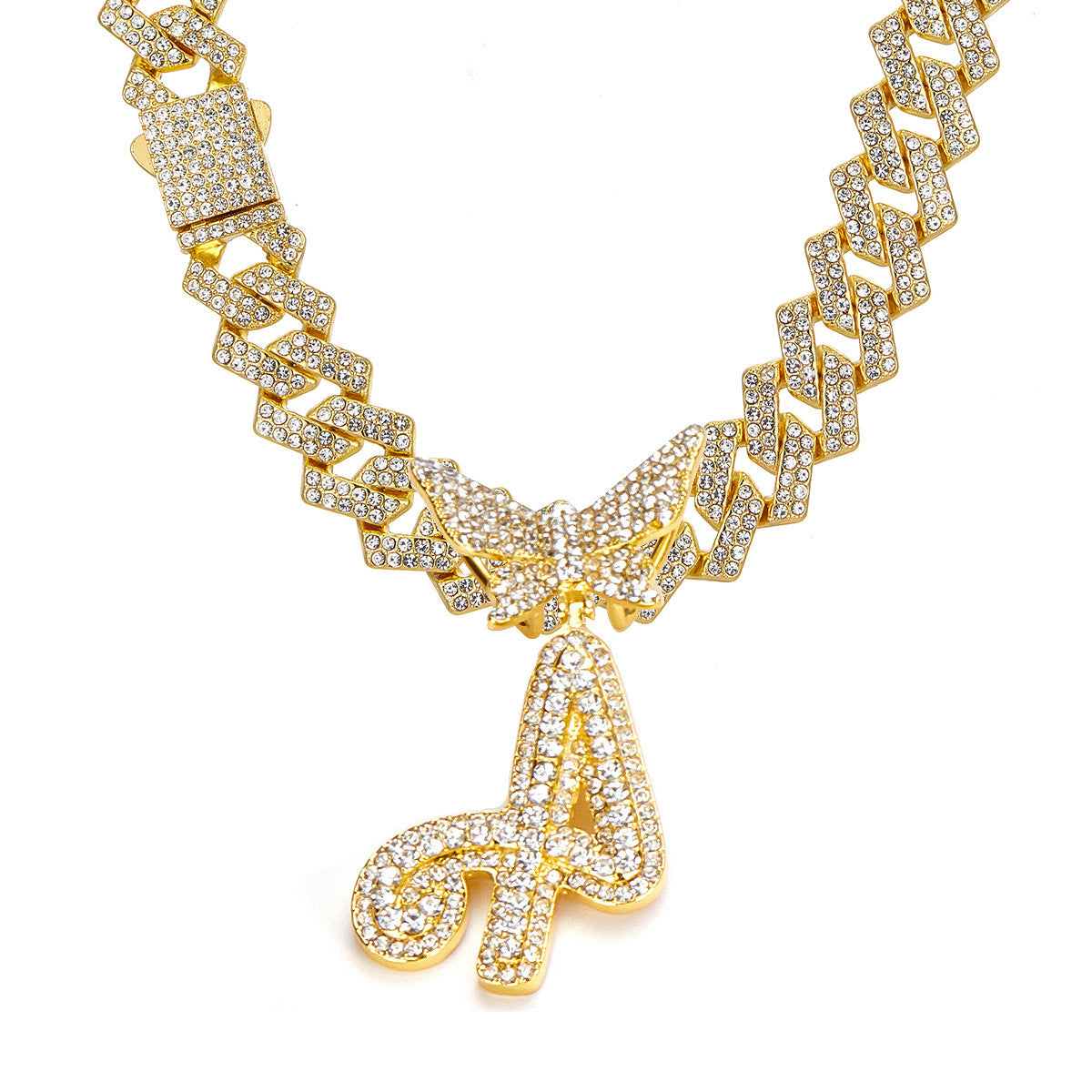 English Letter Alloy Rhinestone Pendant Necklace Butterfly