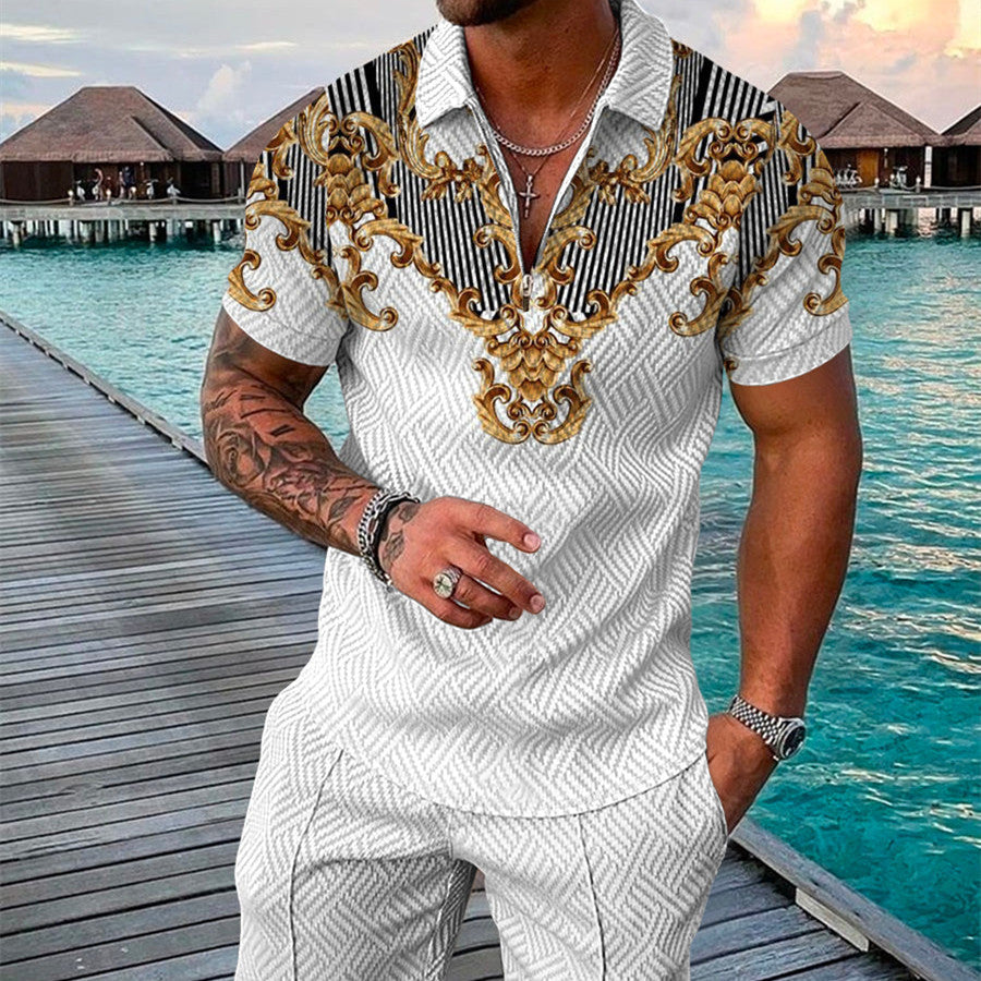 Men's Summer Fashion 3D Printed Short Sleeve Geometric Zip Lapel Shirt Set
