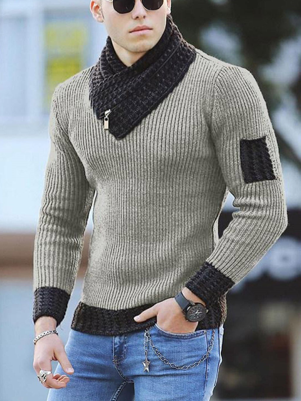Independent Station Casual Slim Knit Pullover Long-Sleeved Scarf Collar Sweater Men's