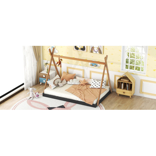 Full Size Tent Floor Bed With Triangle Structure, Black Brown
