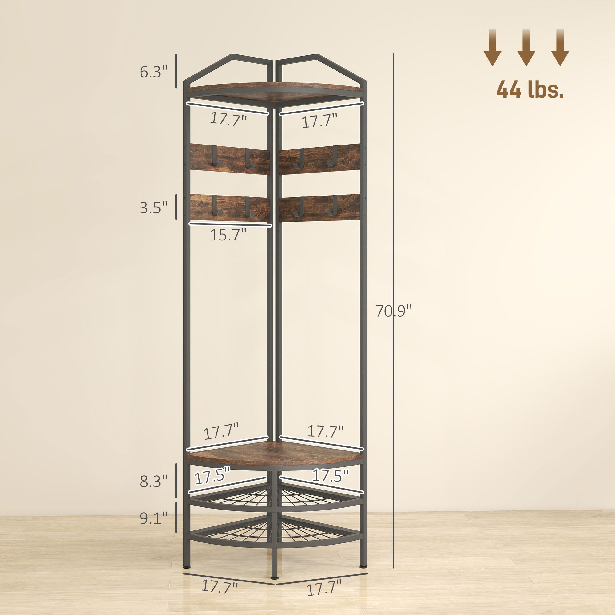 Corner Hall Tree, Industrial 4-Tier Coat Rack with Shoe Storage, 8 Movable Hooks and 2 Shelves for Hallway, Rustic Brown