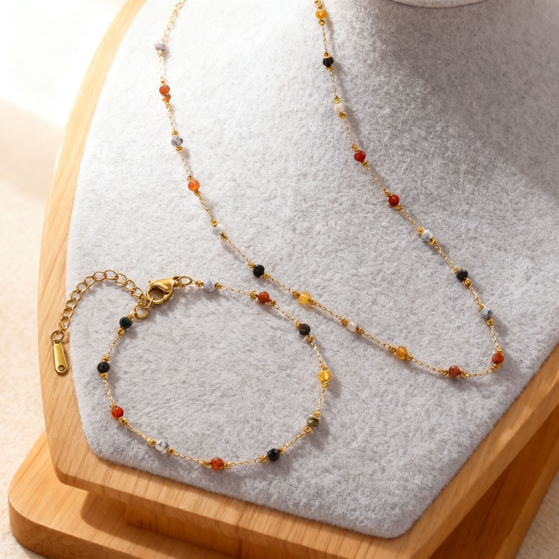 Mixed Natural Stone Mosaic Design Titanium Steel 18k Gold Bracelet