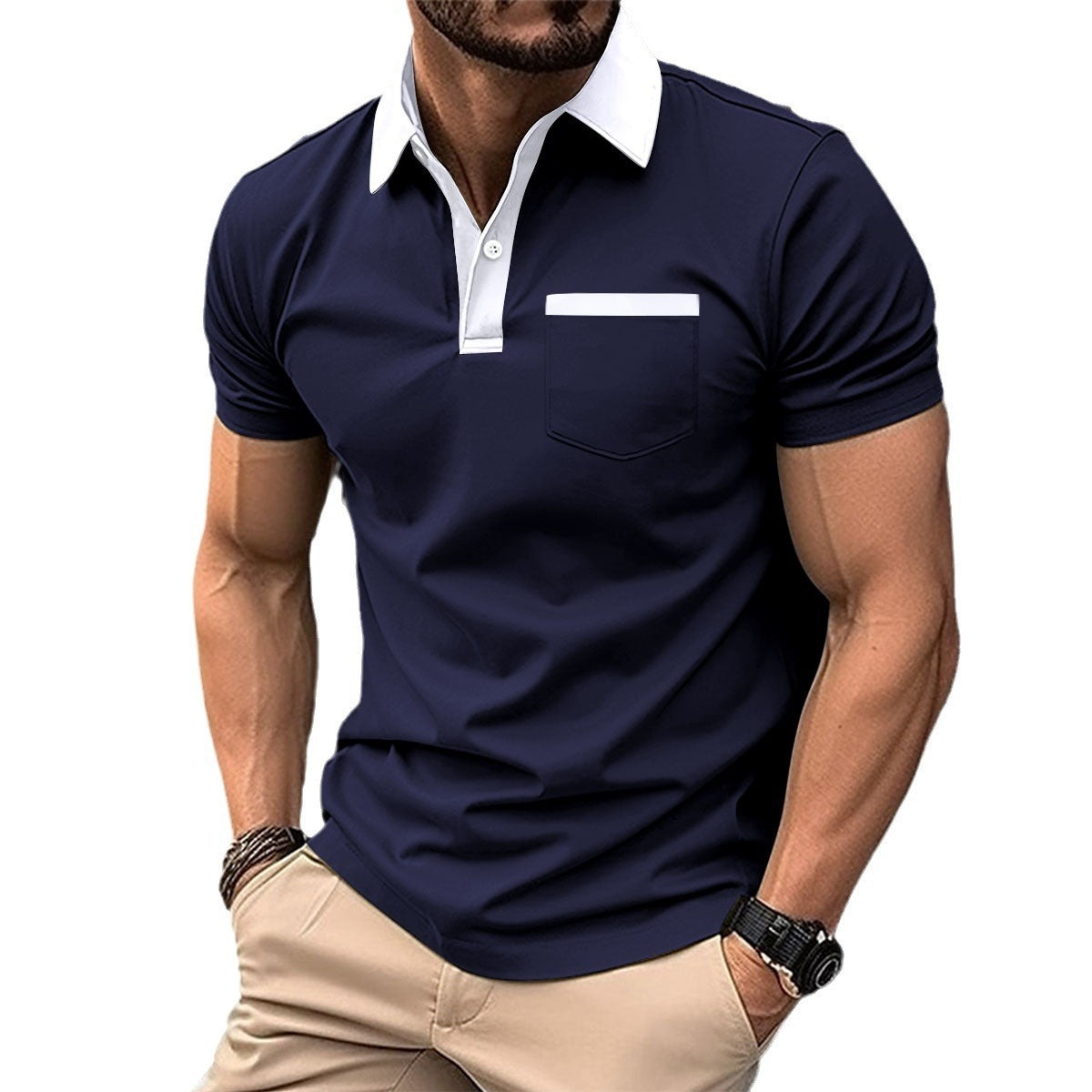 Lapel Fashion Slim Pocket Short-Sleeved T-Shirt Polo Shirt Men Clothing