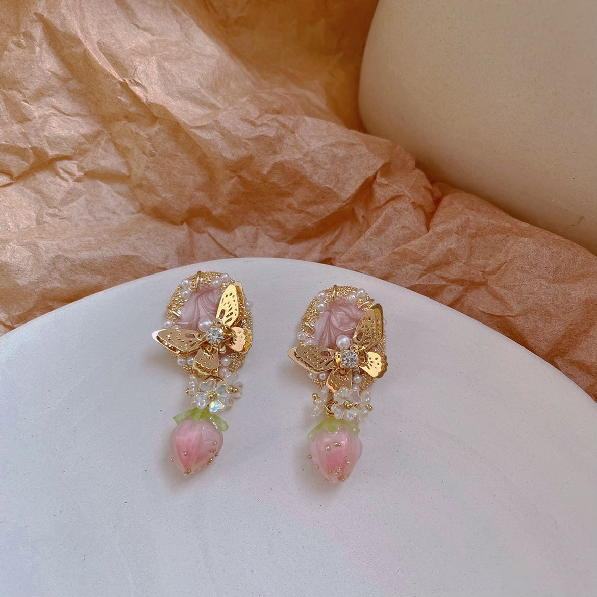 Butterfly Garden Strawberry Blooming Pearl Earrings