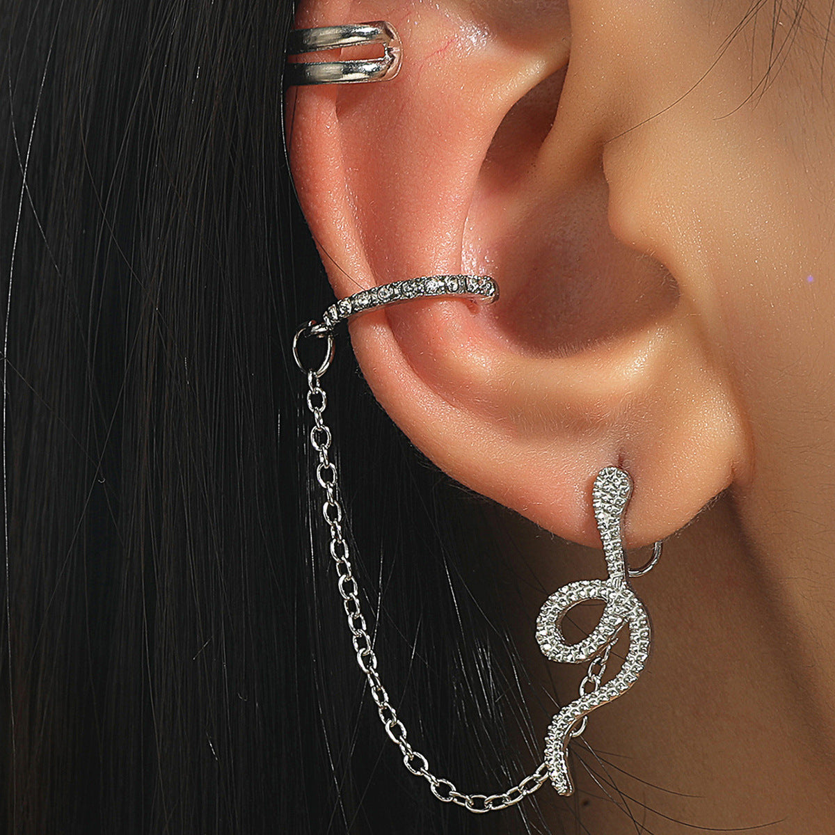 Snake-Shaped Chain Ear Clip Net Red Full Diamond Animal Earrings Female