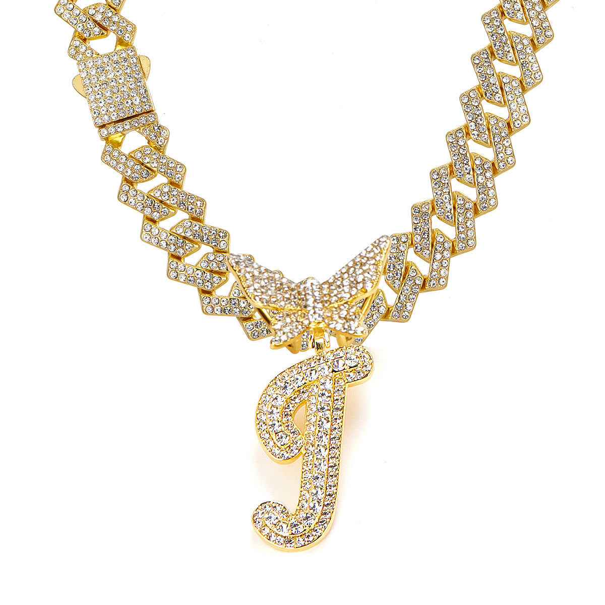 English Letter Alloy Rhinestone Pendant Necklace Butterfly