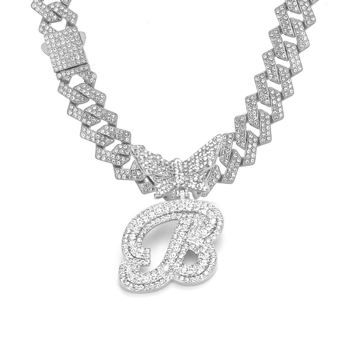 English Letter Alloy Rhinestone Pendant Necklace Butterfly