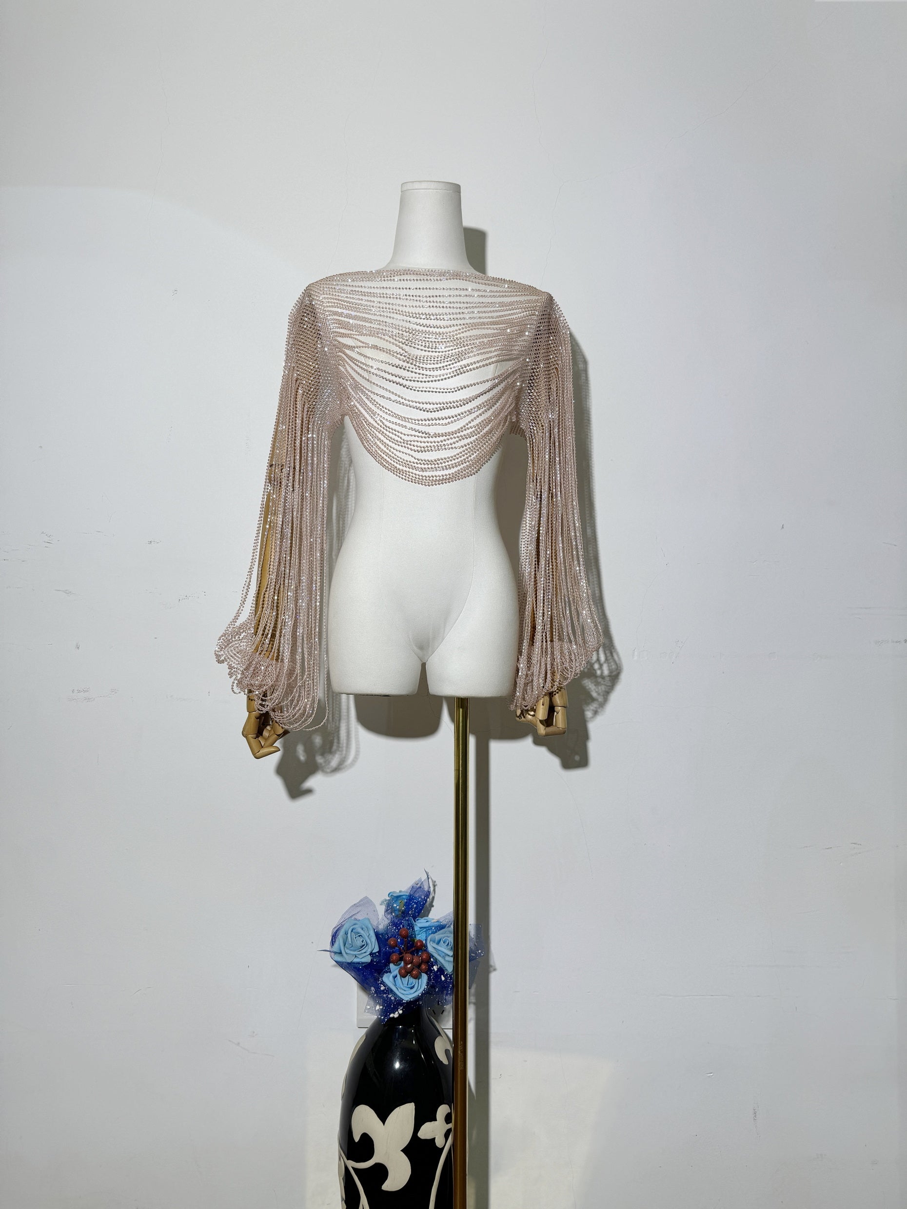 Diamond-Embellished Accessory Shawl Long-Sleeve Top