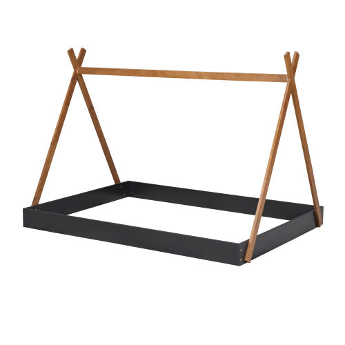 Full Size Tent Floor Bed With Triangle Structure, Black Brown