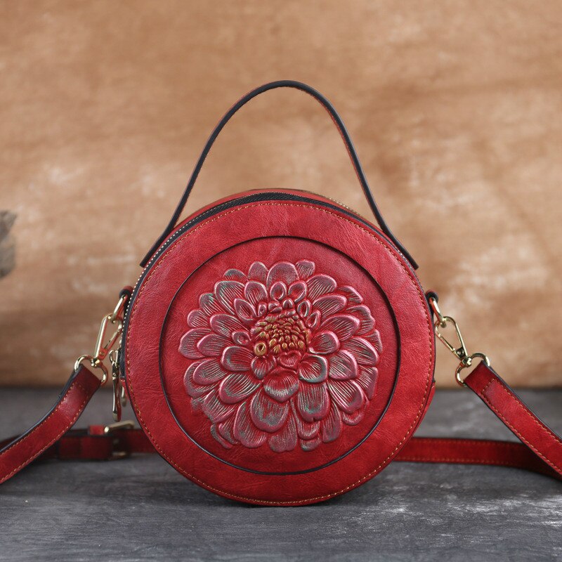 Vintage Embossed Small Round Bag, Shoulder Messenger Bag, Zipper Large-Capacity Handbag