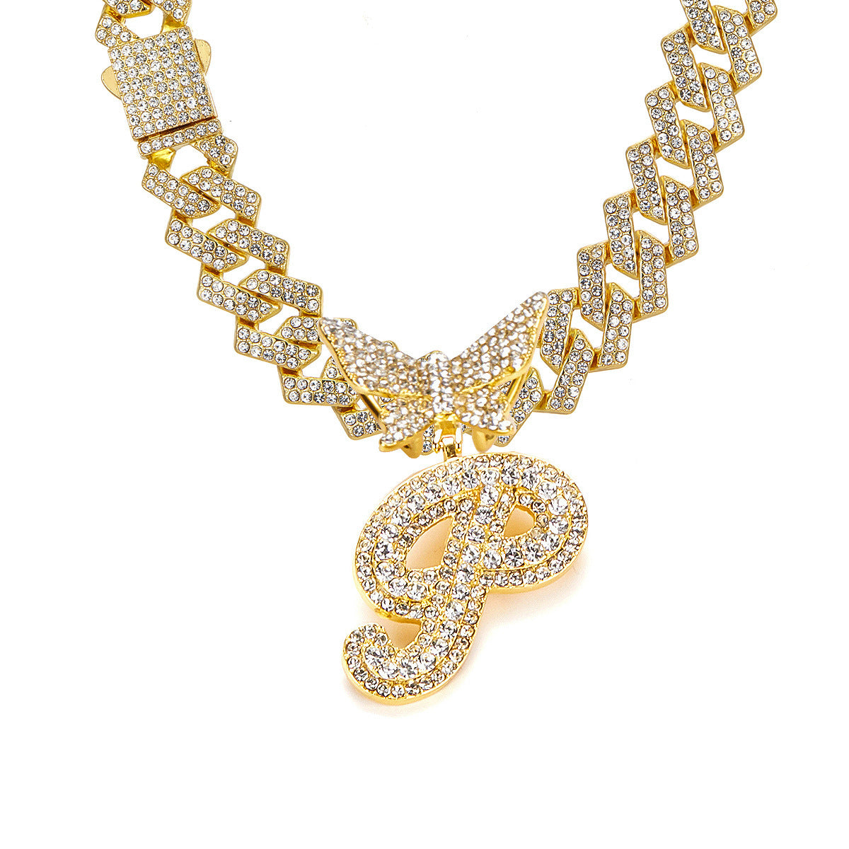 English Letter Alloy Rhinestone Pendant Necklace Butterfly