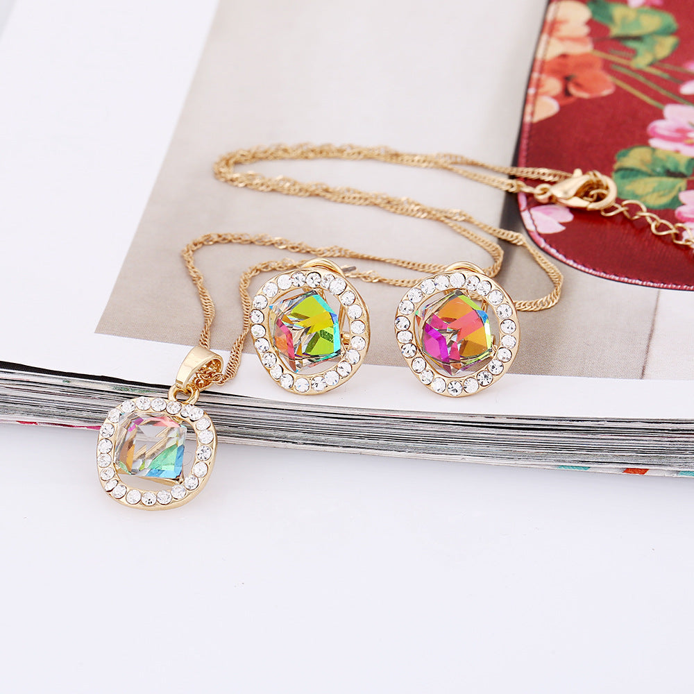 Bridal Necklace, Earrings Set, Crystal Jewelry, Color Gold, Korean Pendant, New Promotion, Factory Direct Sales
