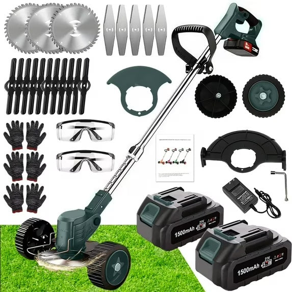21V Electric Weed Eater With Wheels,Cordless Battery Weed Wacker With Charger, 2Batteries,3 In 1 Brush Cutter String Trimmer Grass Trimmer Lawn Mower,Edger For Garden And Yard Lawn,Dealsforyoudays
