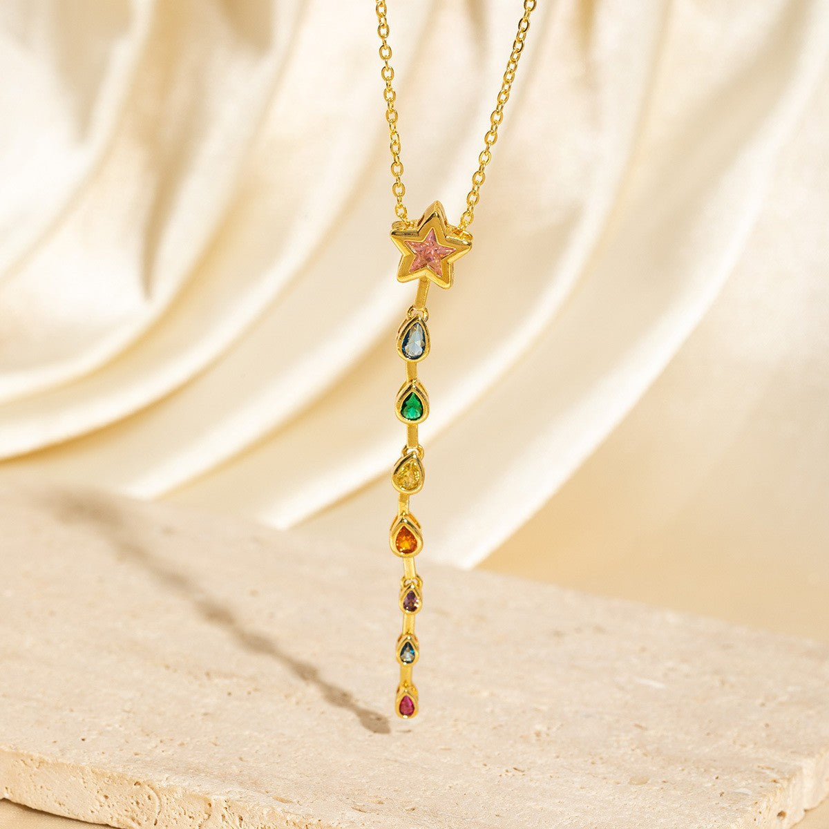 Exquisite Long Necklace With Colorful Zirconia And Elegant Tassels