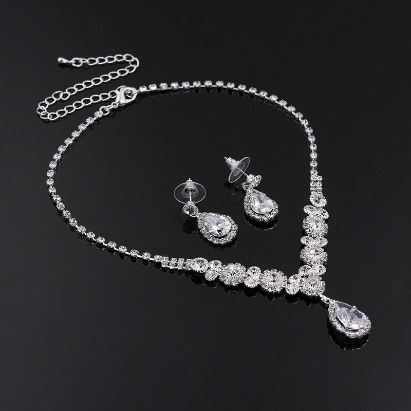 Europe and America Popular Sets of Chain Drops Sparkling, Luxury Zircon Necklace, Earrings 2 sets of Beautiful Bridal Suite