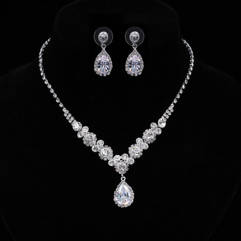 Europe and America Popular Sets of Chain Drops Sparkling, Luxury Zircon Necklace, Earrings 2 sets of Beautiful Bridal Suite