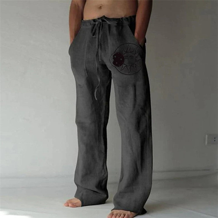 Printed Cotton And Linen Loose Casual Drawstring Trousers