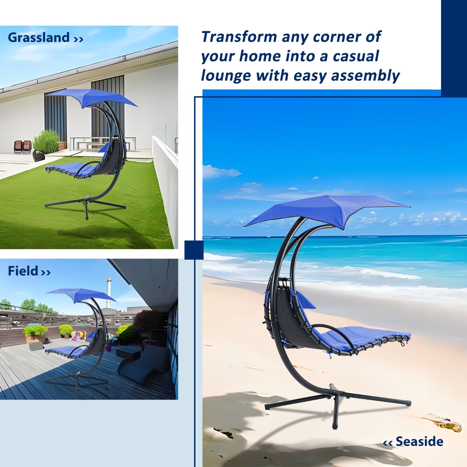 Hanging Chaise Lounger With Removable Canopy, Outdoor Swing Chair With Built-in Pillow, Hanging Curv