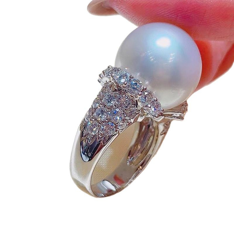 Large Pearl Full Diamond Luxury Inlaid Zircon Light Luxury Closed Pearl Ring