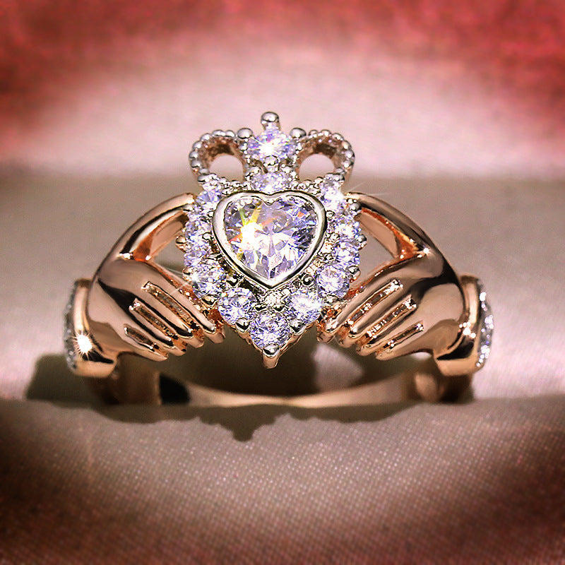 Crown Hands Heart Ring