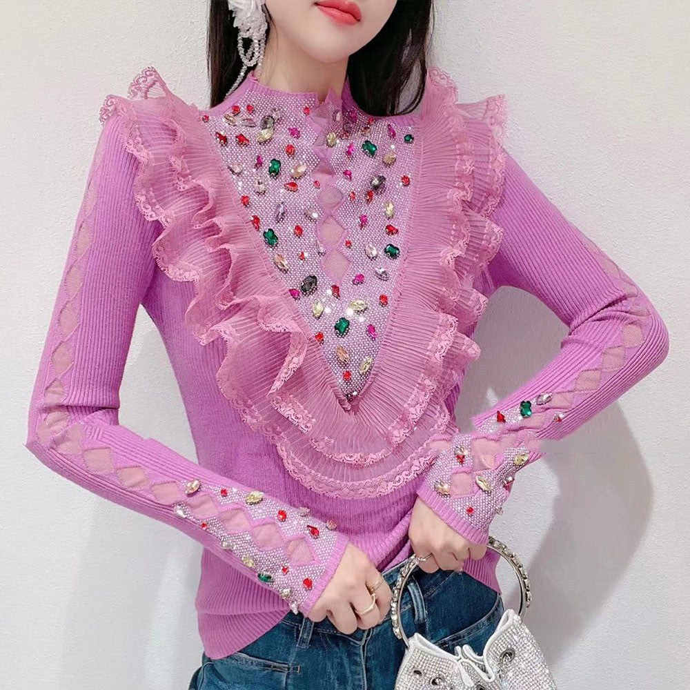 Knitted Sweater Sweet Heavy Industry Hot Diamond Color Top