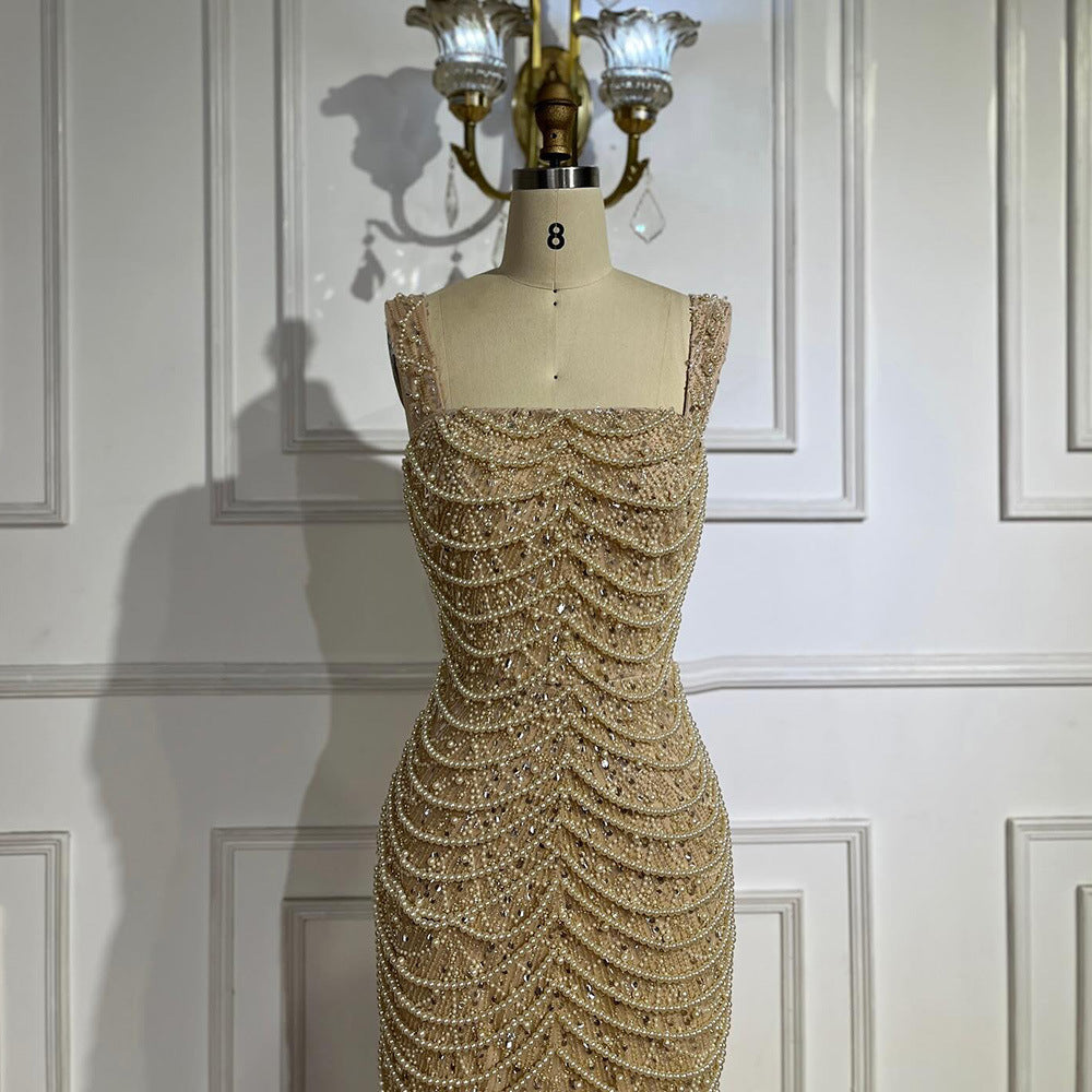 Nude Elegant Sling Light Luxury High-End Pearl Beaded Dress