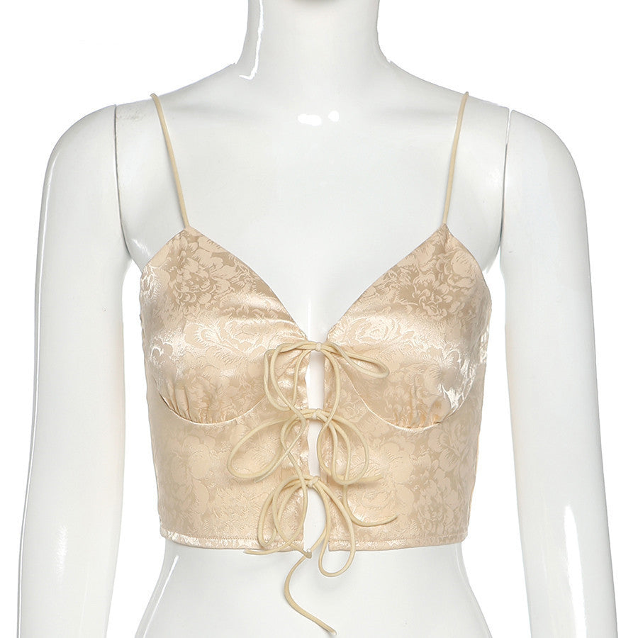 V-Neck Jacquard Romantic Lace-Up Sleeveless Casual Tank Top