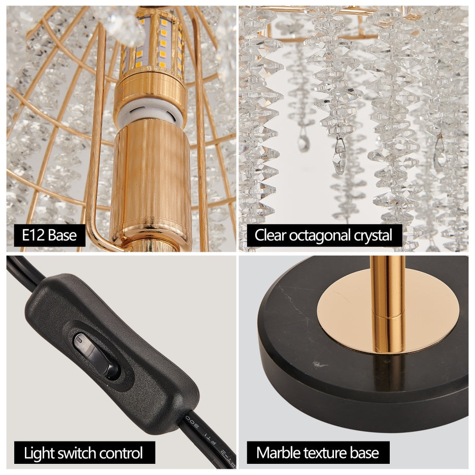 19inch H Elegant Crystal Table Lamp Vintage Waterfall Design With Crystal Bead String Shades And Marble Textured Base For Living Room, Bedroom, Or Office Bulb Not Included